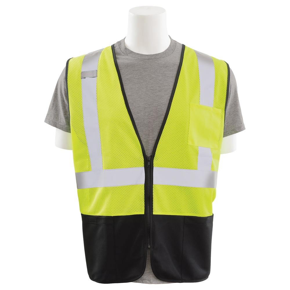 ERB Safety S363PB Type R, Class 2 Economy Mesh Zip Front Safety Vest with Black Bottom (Hi-Viz Lime) Pack of 14