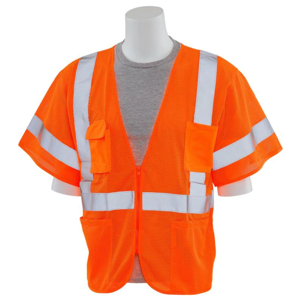 ERB Safety S663P Type R, Class 3 Mesh Zip Front Safety Vest (Hi-Viz Orange) Pack of 7