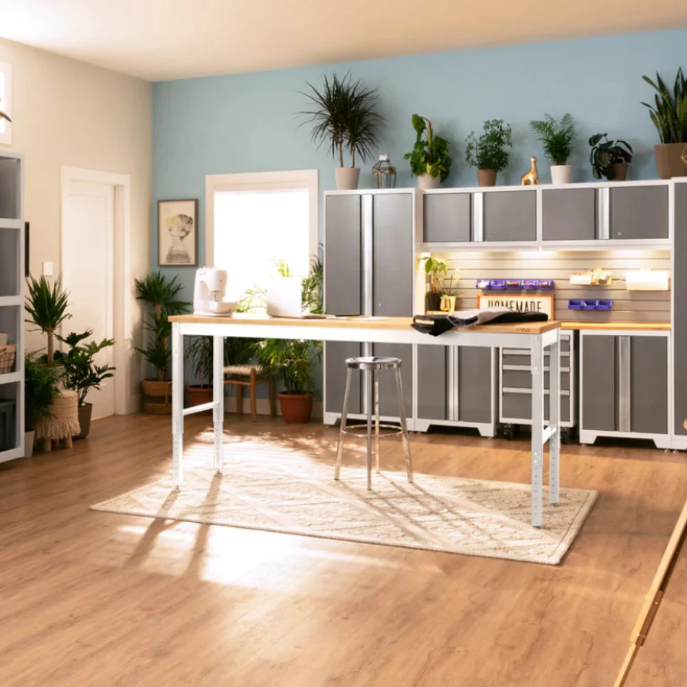 NewAge Products Pro Series Adjustable Height Workbench - White with Bamboo Worktop - Image 6