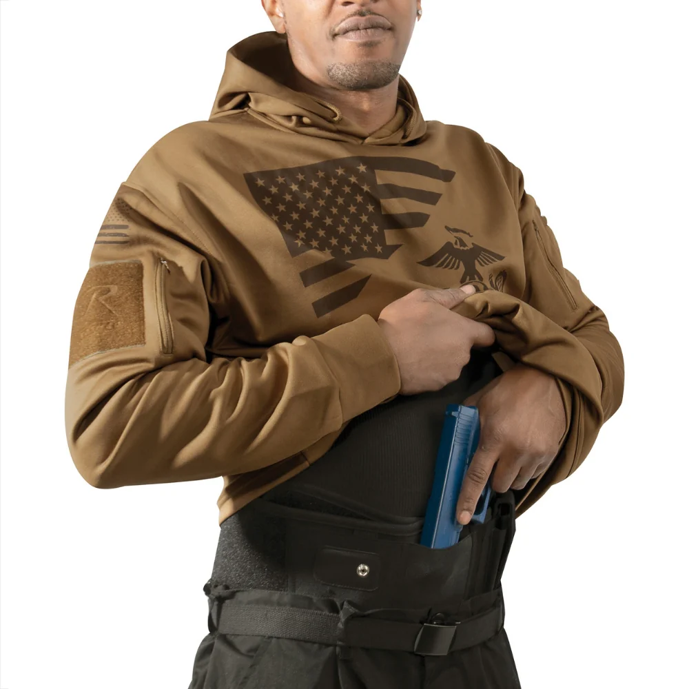 Rothco US Flag / USMC Eagle, Globe, & Anchor Concealed Carry Hoodie (Coyote Brown) - Image 2