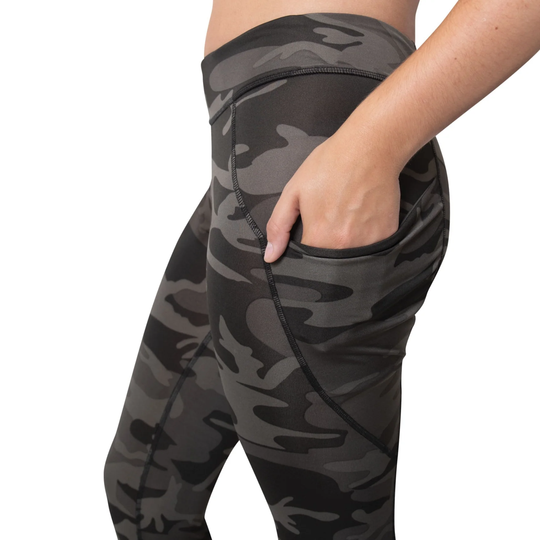 Rothco Womens Workout Performance Camo Leggings With Pockets (Black Camo) - Image 4