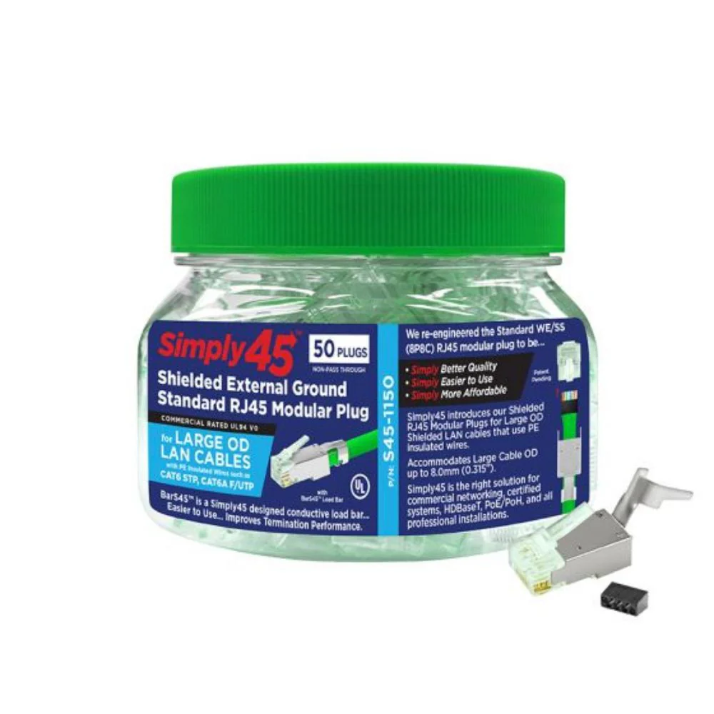 SCP Simply45® Shielded External Ground Standard WE/SS (8P8C) RJ45 Modular Plugs - Green Tint (50 plugs/Jar) | SCP-S45-1150