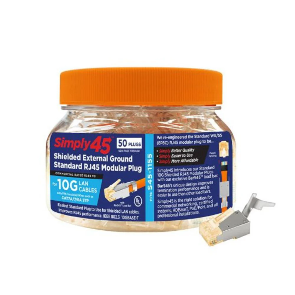 SCP Simply45® 10G Shielded External Ground Standard WE/SS RJ45 Modular Plugs - Orange Tint (50 plugs/Jar) | SCP-S45-1155